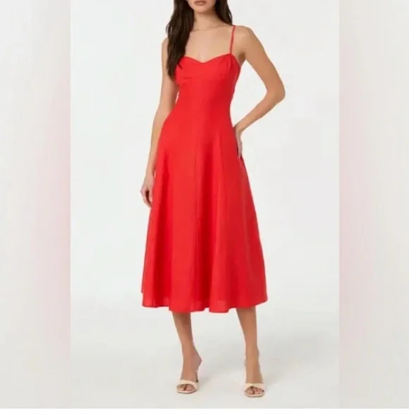 Astr the label Red Adjustable Strap Sweetheart Neckline Linen Blend Midi Dress - Picture 1 of 8